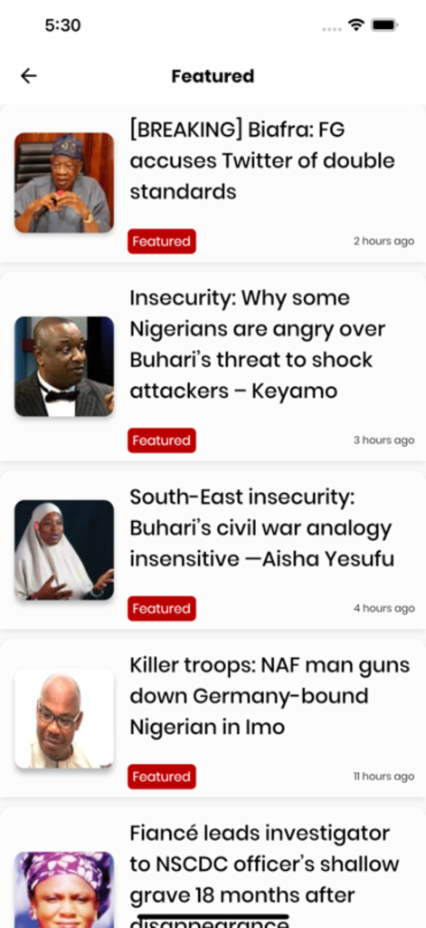 Punch News - The featured news screen of the Punch News mobile app displaying latest headlines and articles about Nigerian politics and current events