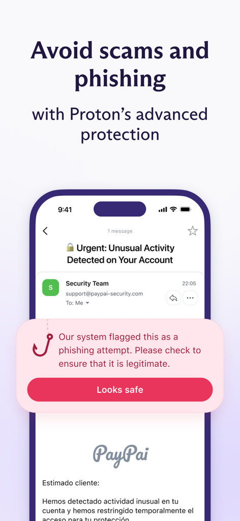 Proton Mail - Encrypted Email - Proton Mailインターフェース。フィッシング詐欺の警告バナーが表示されています。