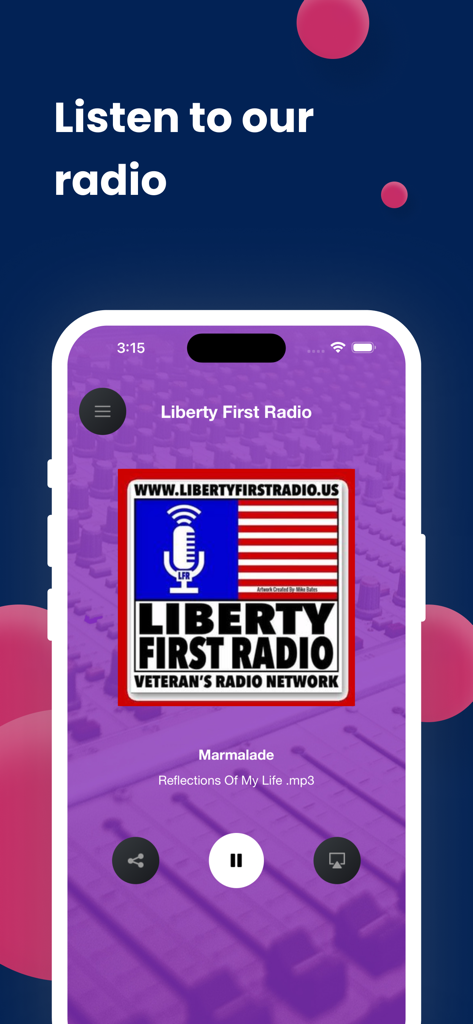 Liberty First Radio - Liberty First Radio mobile app music player interface featuring a patriotic logo for veterans