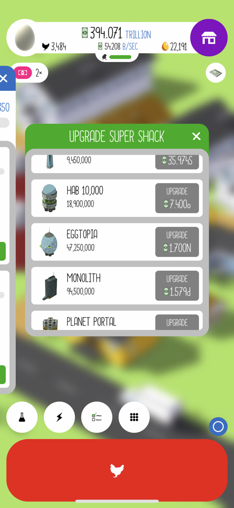 A menu in the Egg Inc mobile game showing different chicken housing upgrades like Eggtopia and Monolith with their corresponding costs.