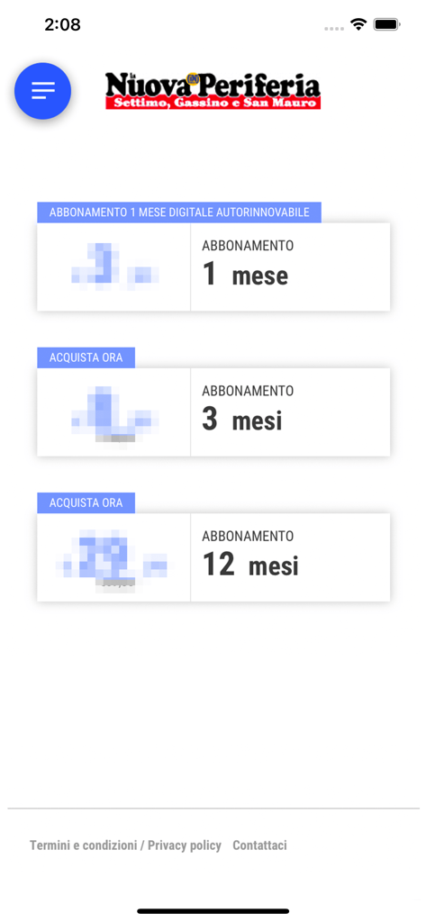 La nuova Periferia - Settimo - Digital subscription options for the La nuova Periferia Settimo newspaper app showing monthly and yearly plans