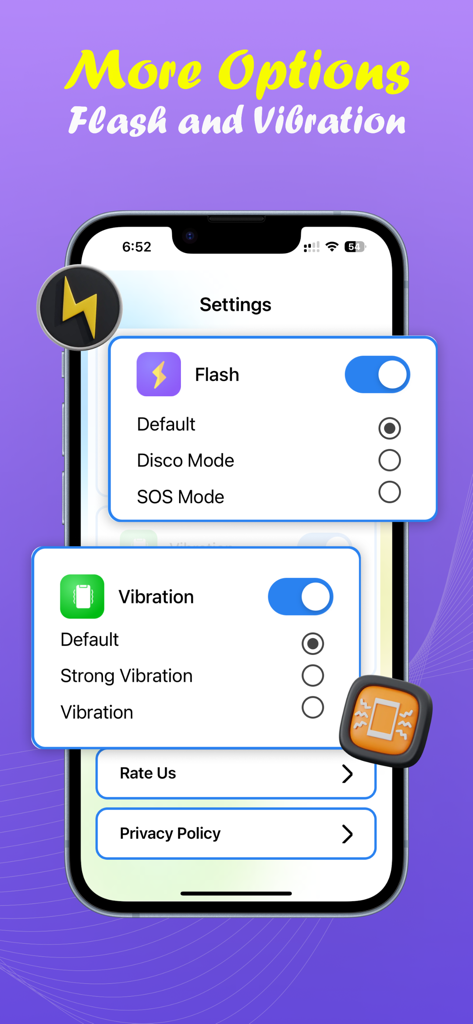 Don't Touch My Mobile - Interface for configuring flash and vibration alarm settings in the Don't Touch My Mobile app