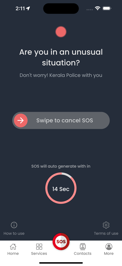 The SOS emergency screen of the Kerala Police app showing an automated alert countdown
