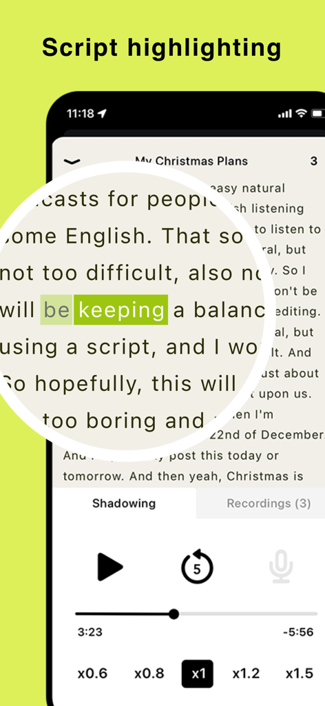 English Shadowing - Una captura de pantalla de la app English Shadowing que demuestra la función de resaltado de guion para la lectura y escucha sincronizadas.