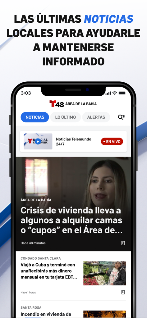 Interfaz de la app Telemundo 48 mostrando titulares de noticias locales en español y una opción de transmisión en vivo para el Área de la Bahía