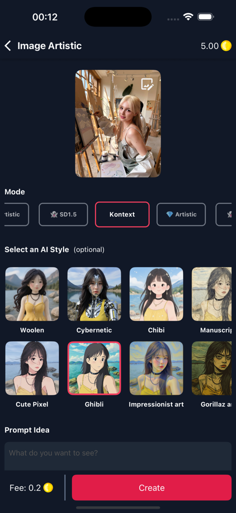 AI Artistic: Wan Video - Interface do aplicativo AI Artistic mostrando vários estilos de IA, incluindo Ghibli e Cibernético, para geração de imagem.