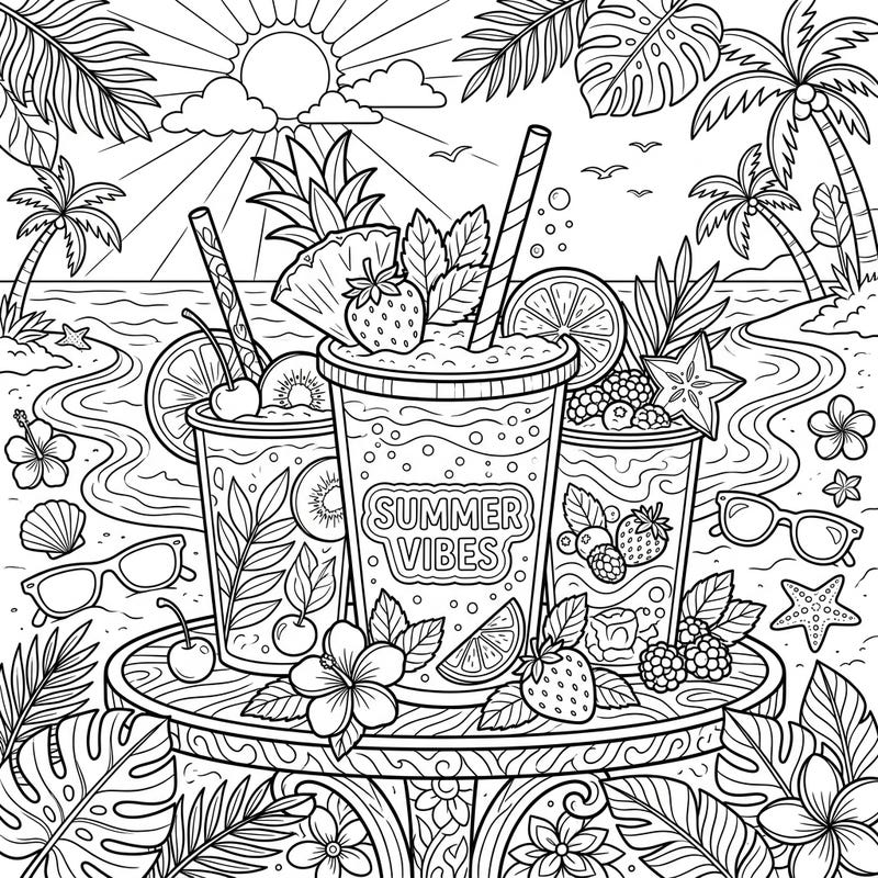 Get ready for a refreshing summer escape with this vibrant coloring page featuring delicious fruit smoothies. Immerse yourself in a tropical beach scene filled with sunny details and fruity delights.