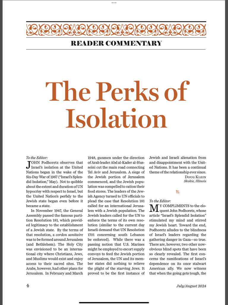 Una página de artículo digital titulada Las ventajas del aislamiento de Commentary Magazine