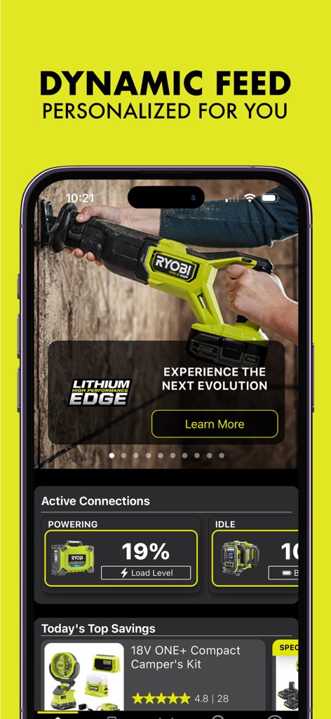 RYOBI - RYOBIアプリのダッシュボード、パーソナライズされたツールフィードとアクティブなデバイス接続が表示されています