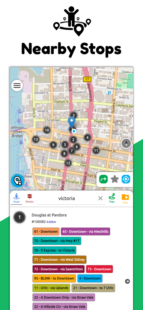 Victoria Transit BC - Victoria Transit app map showing nearby bus stops and available route numbers