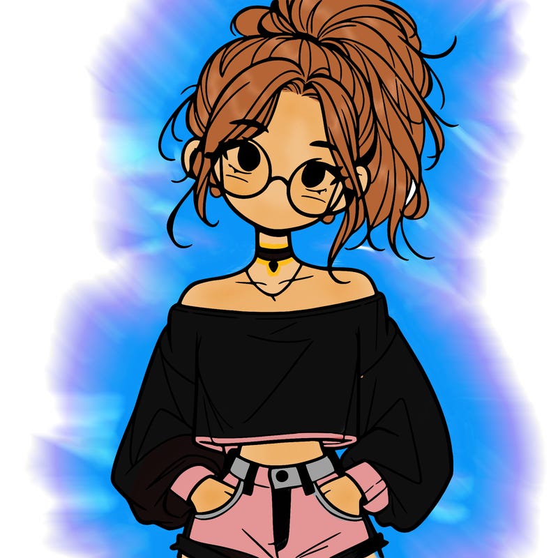 girl with a messy ponytail glasses a baggy crop top and jean shorts
