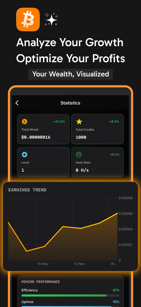 Panel de estadísticas del simulador de minería de Bitcoin que muestra el crecimiento de las ganancias y las métricas de rendimiento.