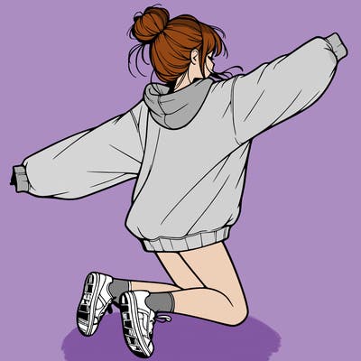 realistic girl jumping with a bun and oversized sweatshirt