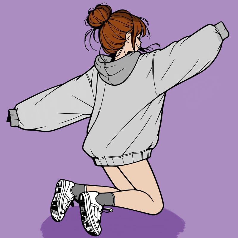 realistic girl jumping with a bun and oversized sweatshirt