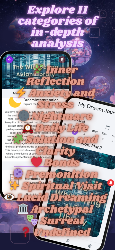Dream AI: Dream Interpreter - A list of dream analysis categories in the app including inner reflection, anxiety, nightmare, and lucid dreaming.