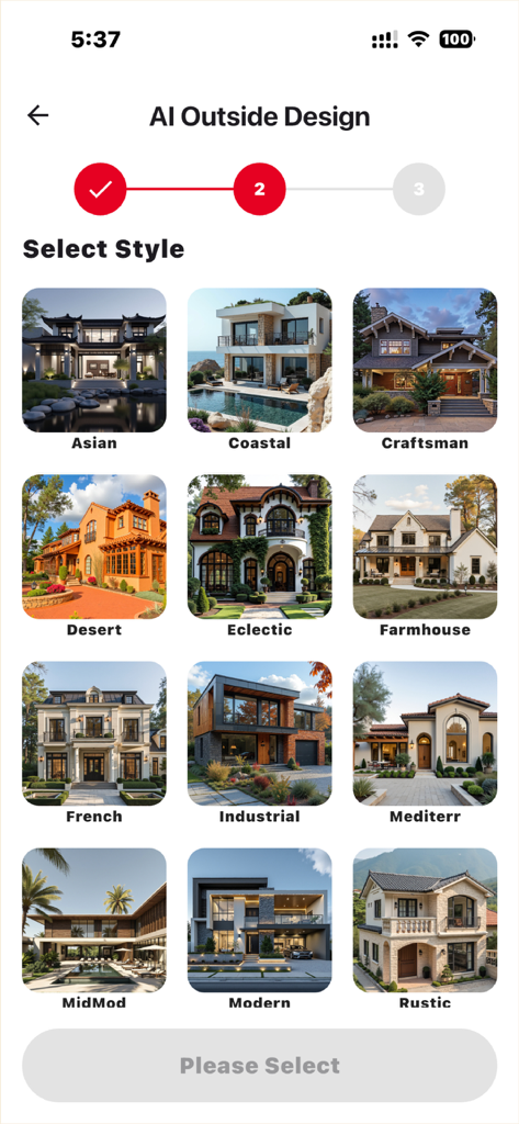 Decor Master-AI Home Design - Interface of Decor Master app showing a grid of exterior architectural styles including Coastal Craftsman and Modern for AI home design