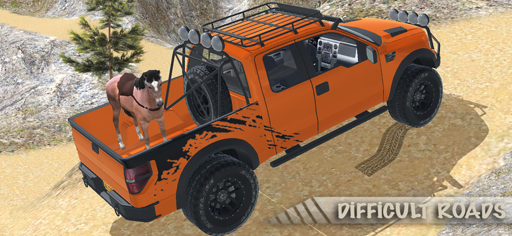 OffRoad 4x4: Parking Game - Un camión pickup todoterreno 4x4 anaranjado transportando un caballo por un sendero de montaña escarpado