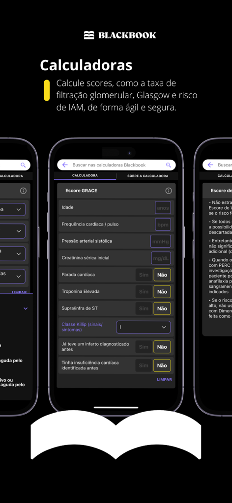 Blackbook: Decisões Clínicas - Blackbook medical app interface showing clinical calculators for healthcare professional decision support