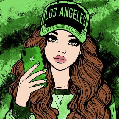 realistic beautiful girl wearing los ángeles cap holding an iphone