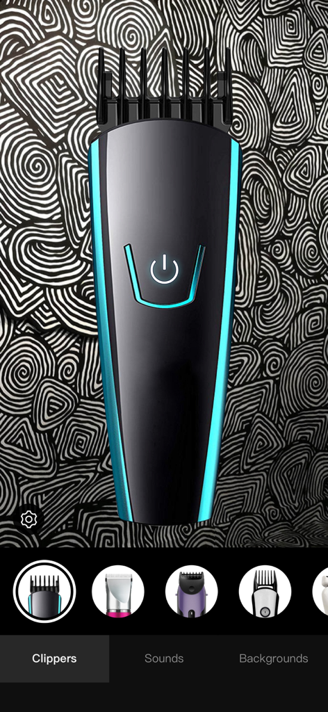 A realistic mobile app interface showing a virtual black and blue hair clipper with a central power button and various clipper models to select.