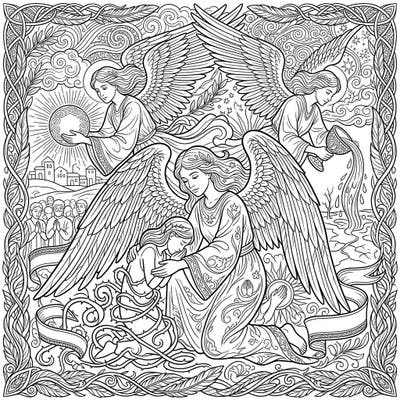 Journey into a realm of peace and spiritual healing with this intricate Angels of Mercy full scene coloring page. Perfect for those seeking reflective and detailed artwork, this design invites you to bring benevolent intervention to life with your colors.