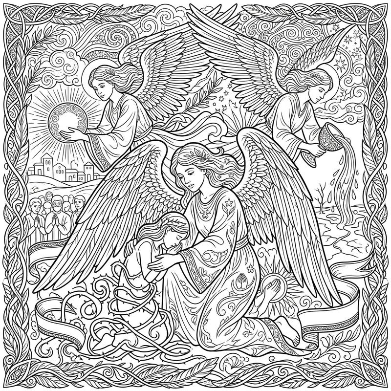 Journey into a realm of peace and spiritual healing with this intricate Angels of Mercy full scene coloring page. Perfect for those seeking reflective and detailed artwork, this design invites you to bring benevolent intervention to life with your colors.