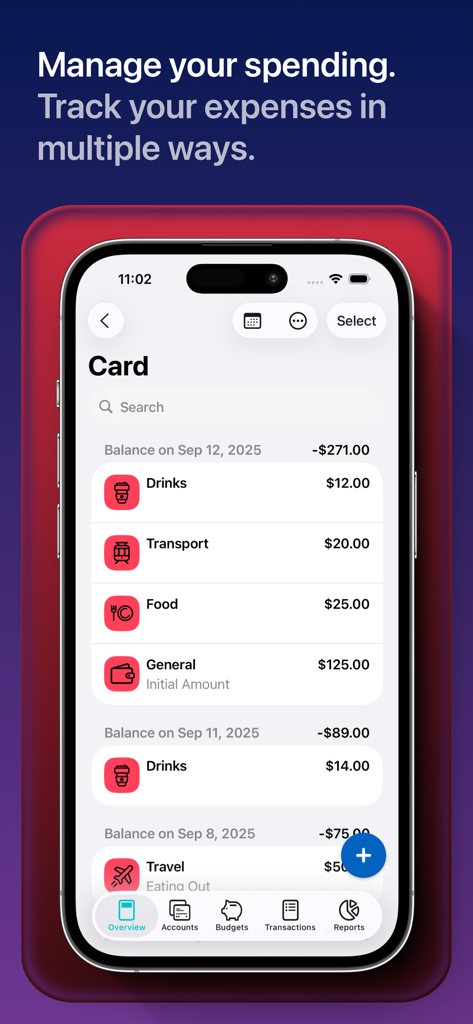 MoneyCoach app interface on iPhone showing a list of categorized daily expenses like drinks, transport, and food.