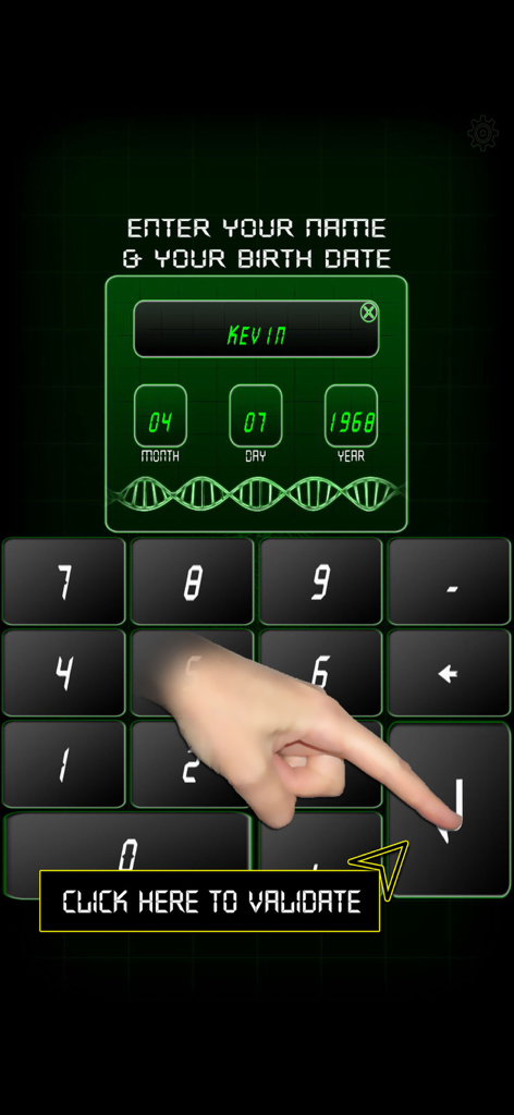 Fingerprint Scan Simulator - Benutzereingabebildschirm für den Fingerabdruck-Simulator mit Feldern für Name und Geburtsdatum und einer numerischen Tastatur