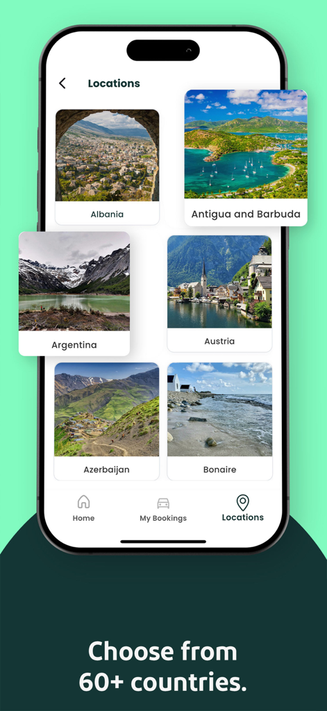 Final Rentals Car Rental App - Final Rentals app interface showing a selection of global car hire locations including Austria and Argentina