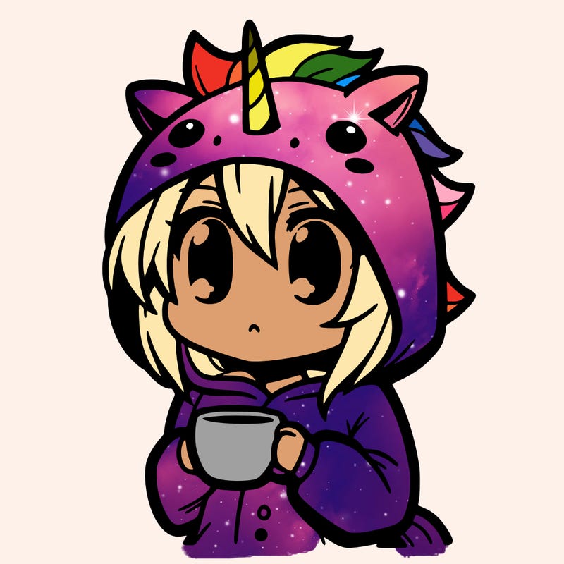 manga character in a unicorn onesie with a cup of tea