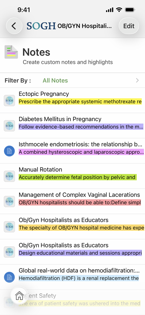 SOGH: OB/GYN Resource Center - Interfaz de la aplicación SOGH OB/GIN Resource Center que muestra notas médicas y pautas clínicas resaltadas para varios temas de embarazo y parto.