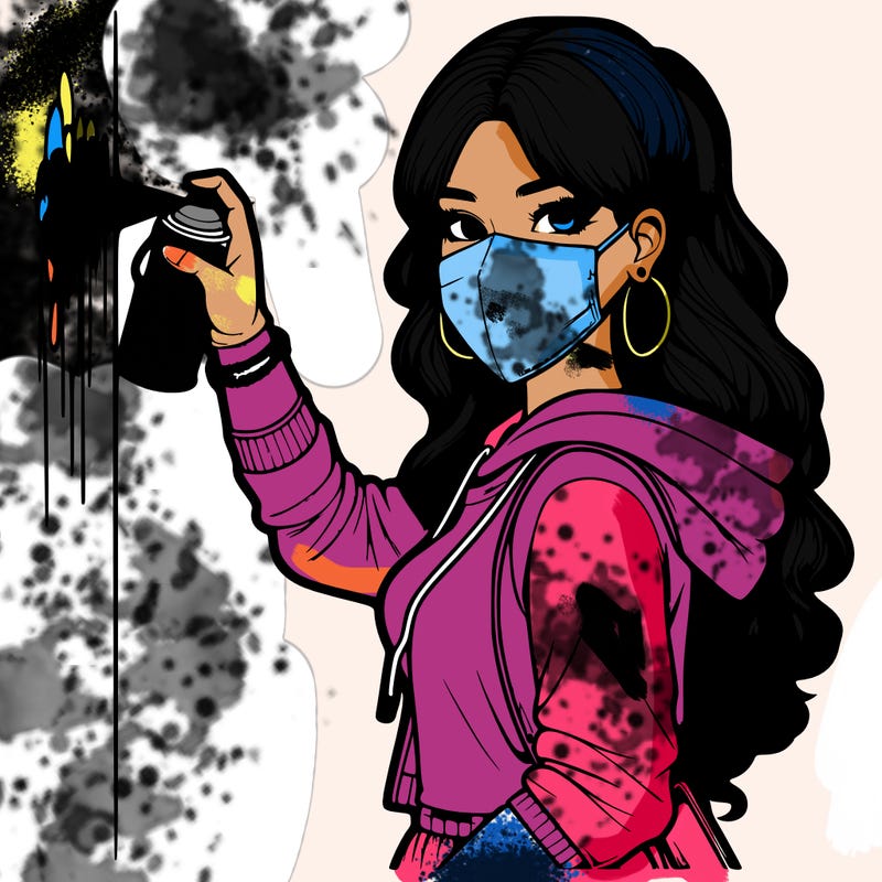 realistic girl with mask spray painting a wall