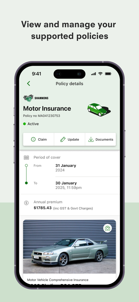 Shannons App - Shannons App interface displaying comprehensive motor insurance policy details for a high performance vehicle