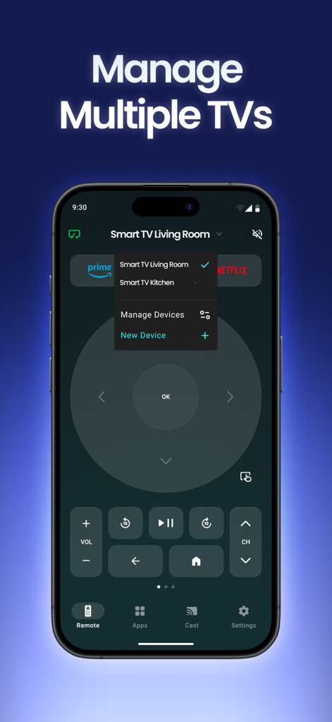 Remote Control TV & Smart - iPhone screen showing a remote control app interface to manage multiple smart TVs