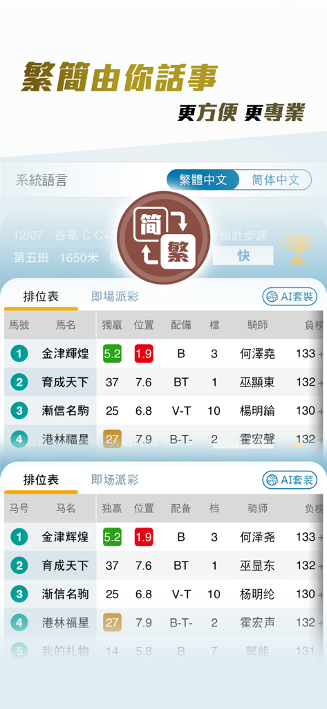 Racing Boss app interface showing horse racing data and a language toggle for Traditional and Simplified Chinese