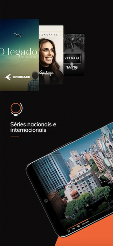 Tela de smartphone apresentando documentários de negócios e histórias de sucesso no aplicativo meuSucesso.