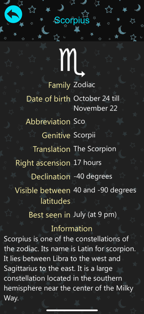 Star Map Tracker: Sky Journey - Detailed information screen for the Scorpius constellation in Star Map Tracker.
