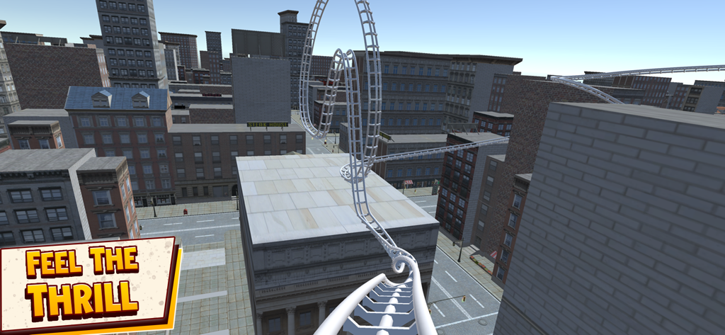 VR Roller Coaster Adventures - Eine Ego-Perspektive einer virtuellen Achterbahnstrecke, die durch eine dichte 3D-Stadtkulisse schleift.