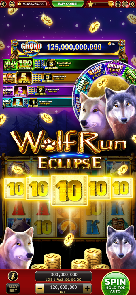 Best Bet: Slots Casino Games - Schermata della slot machine Wolf Run Eclipse con lupi e un grande jackpot nell'app Best Bet Casino