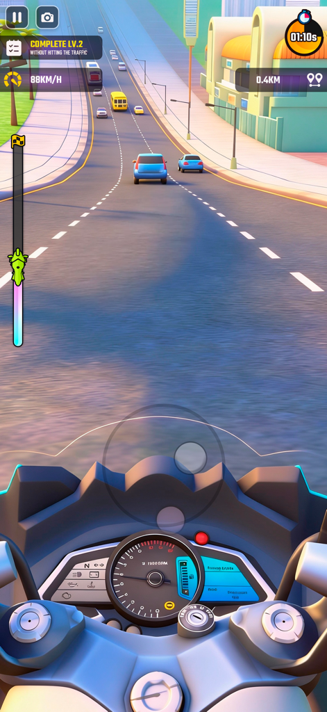 Rush Bike 3D: Bike Racing Game - First person view of a motorcycle racing through highway traffic in Rush Bike 3D