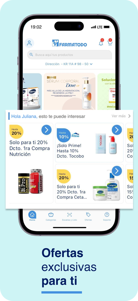 Mobile screen of the Farmatodo Col app showing personalized discounts and exclusive offers on health and beauty products.