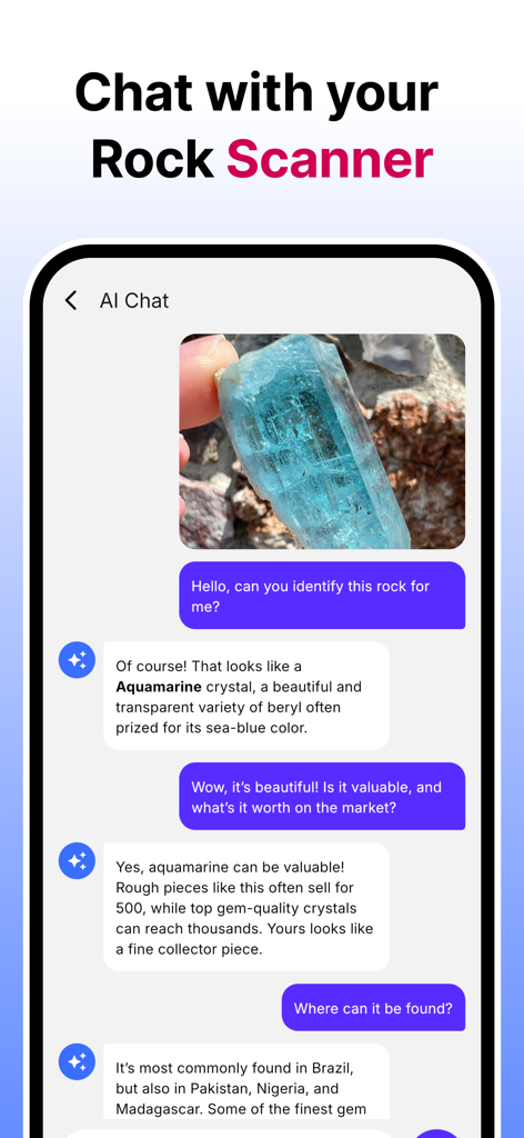 Rock Identifier: Gem & Rock ID - Interfaz de chat de geología IA identificando un cristal de aguamarina y su valor