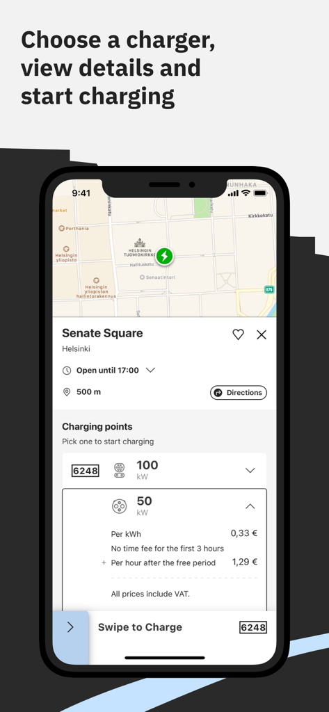 Charge Global app interface showing EV charging station details and swipe to charge option