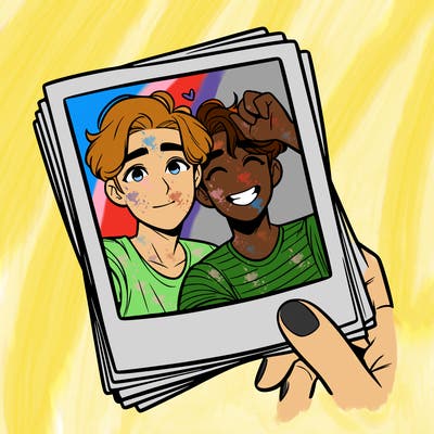 realistic, best friends taking a polaroid picture