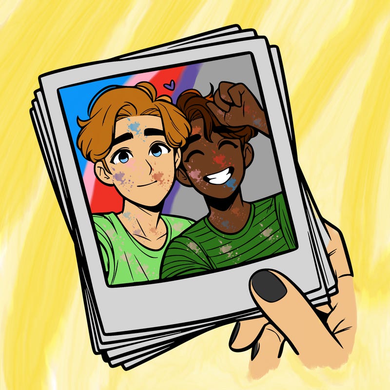 realistic, best friends taking a polaroid picture
