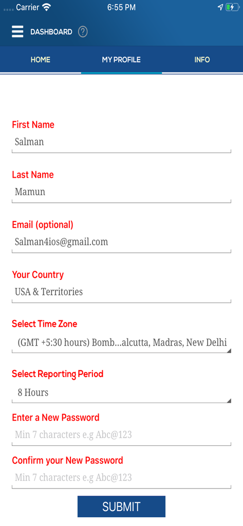 User profile settings page in the Airborne Flight Reporting System app showing registration fields