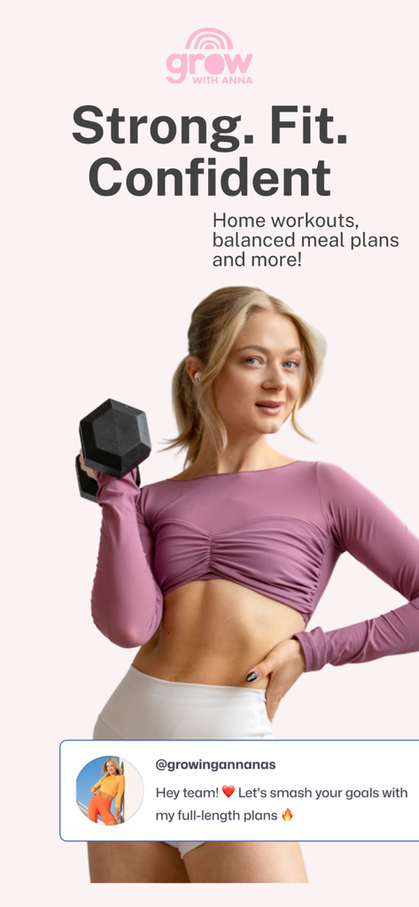 Grow with Anna - Grow with Anna Fitness-App-Startbildschirm mit Trainerin Anna, die eine Hantel hält, und Text für Heimtraining