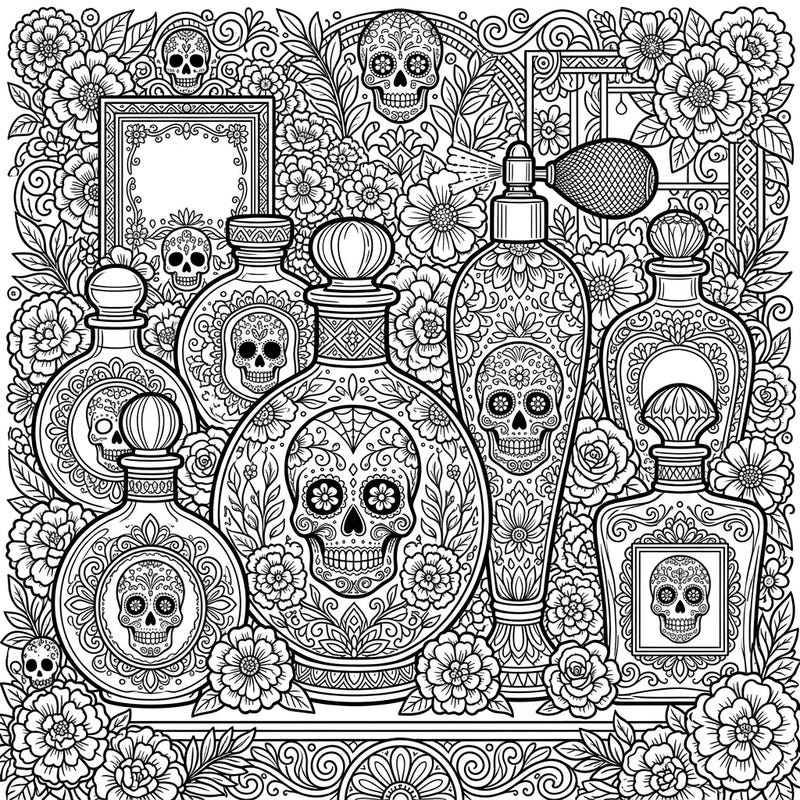 Immerse yourself in the vibrant traditions of Día de los Muertos with this unique coloring page featuring elegantly designed perfume bottles adorned with sugar skull motifs. This intricate artwork combines the beauty of fragrances with festive Day of the Dead elements, offering a captivating artistic escape.
