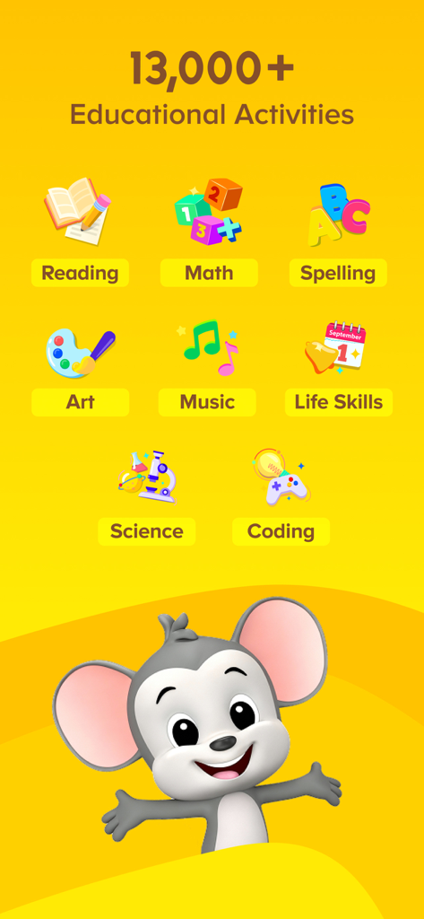 ABCmouse: Kids Learning Games - Pantalla de la aplicación ABCmouse que muestra más de 13.000 actividades educativas en materias como lectura, matemáticas y codificación