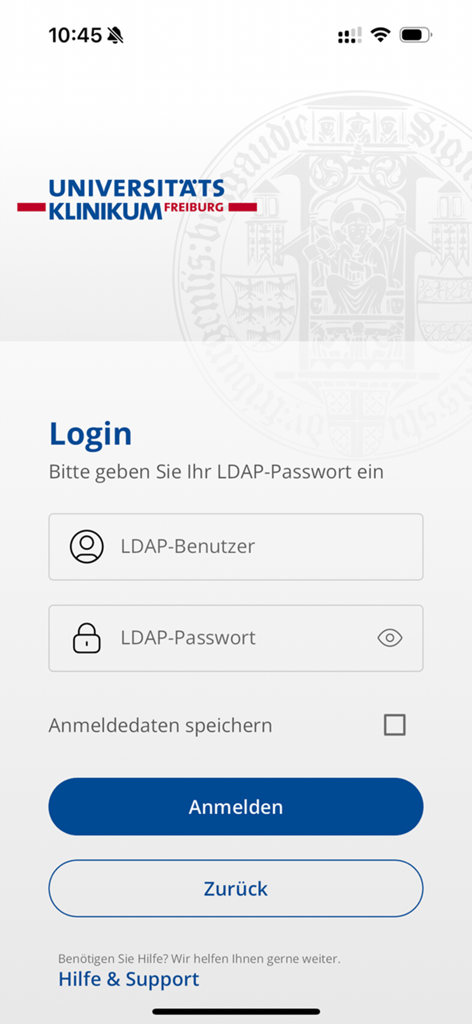 Anmeldebildschirm der Meine Uniklinik App mit Eingabefeldern für LDAP-Benutzer und Passwort